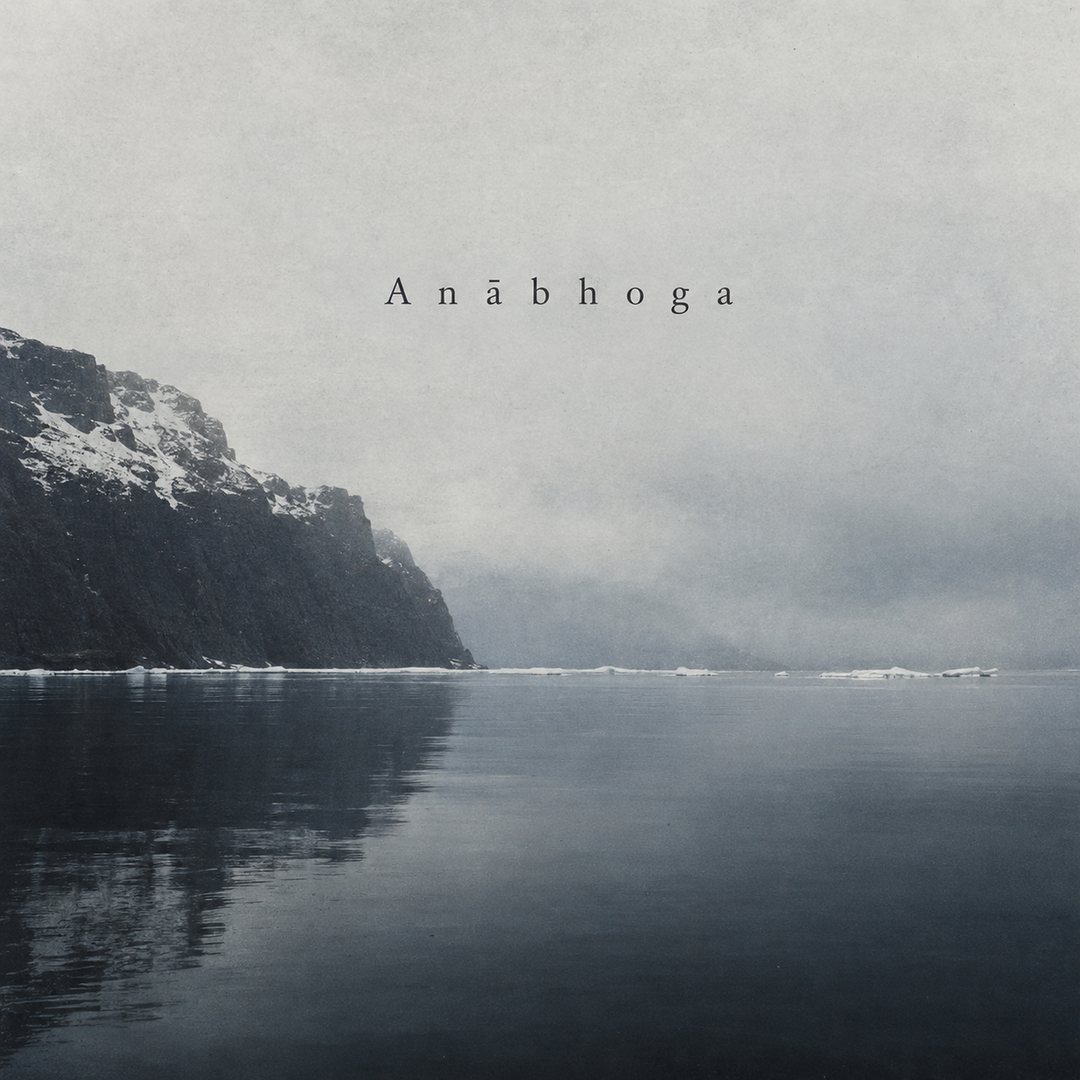 Album cover: a dark, snow-streaked cliff dropping into still arctic water under a pale sky, with the word Anābhoga set small in the sky.